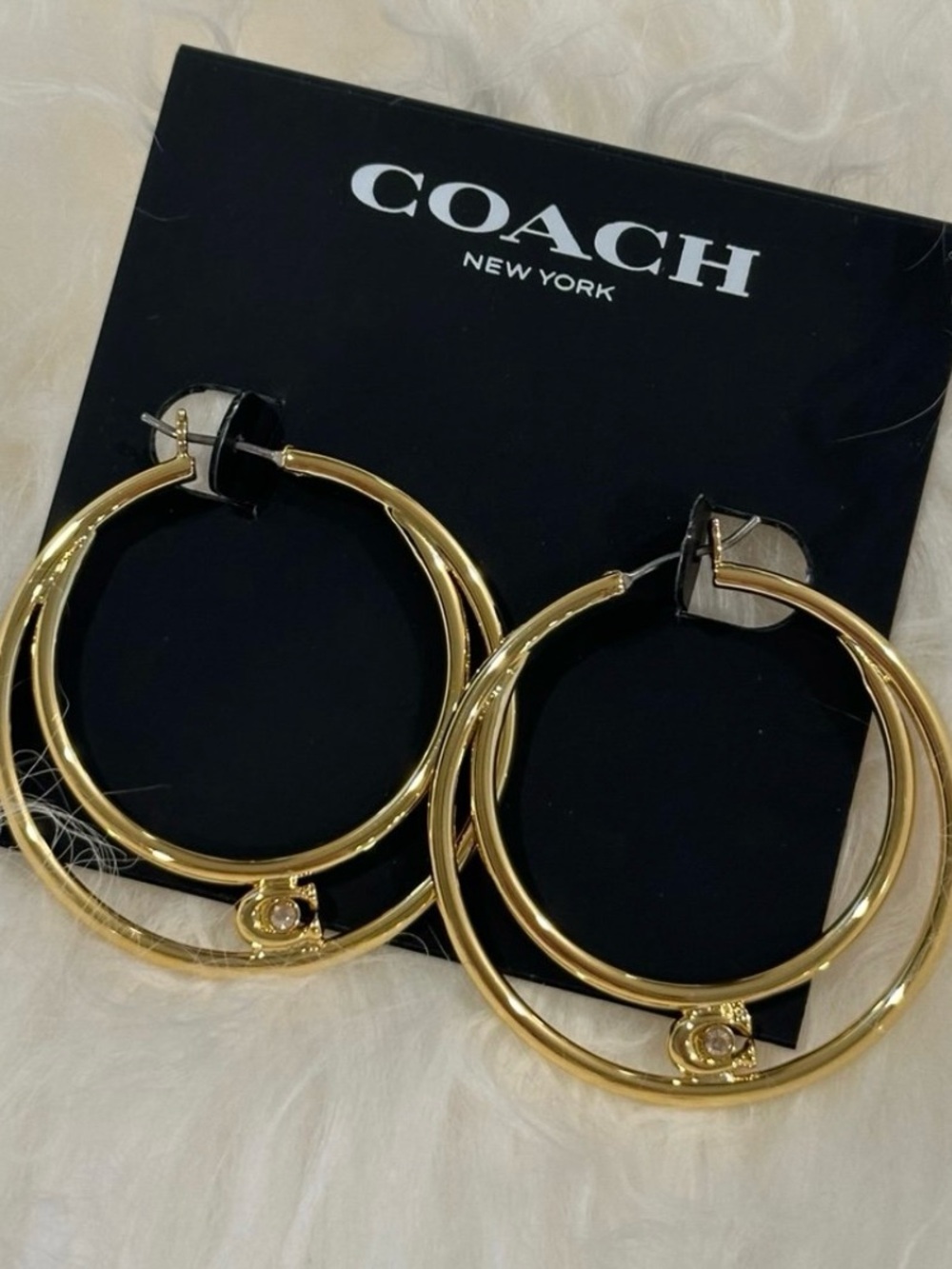 Coach Signature Double Hoop Crystal C Logo Gold Tone Earrings New